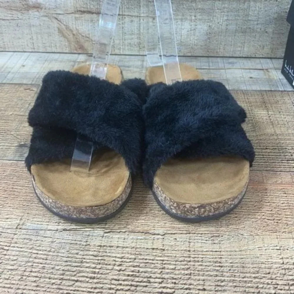 Nicole Miller Astrik Black Fur Slides Sandals Womens 7 Cross‎ Strap